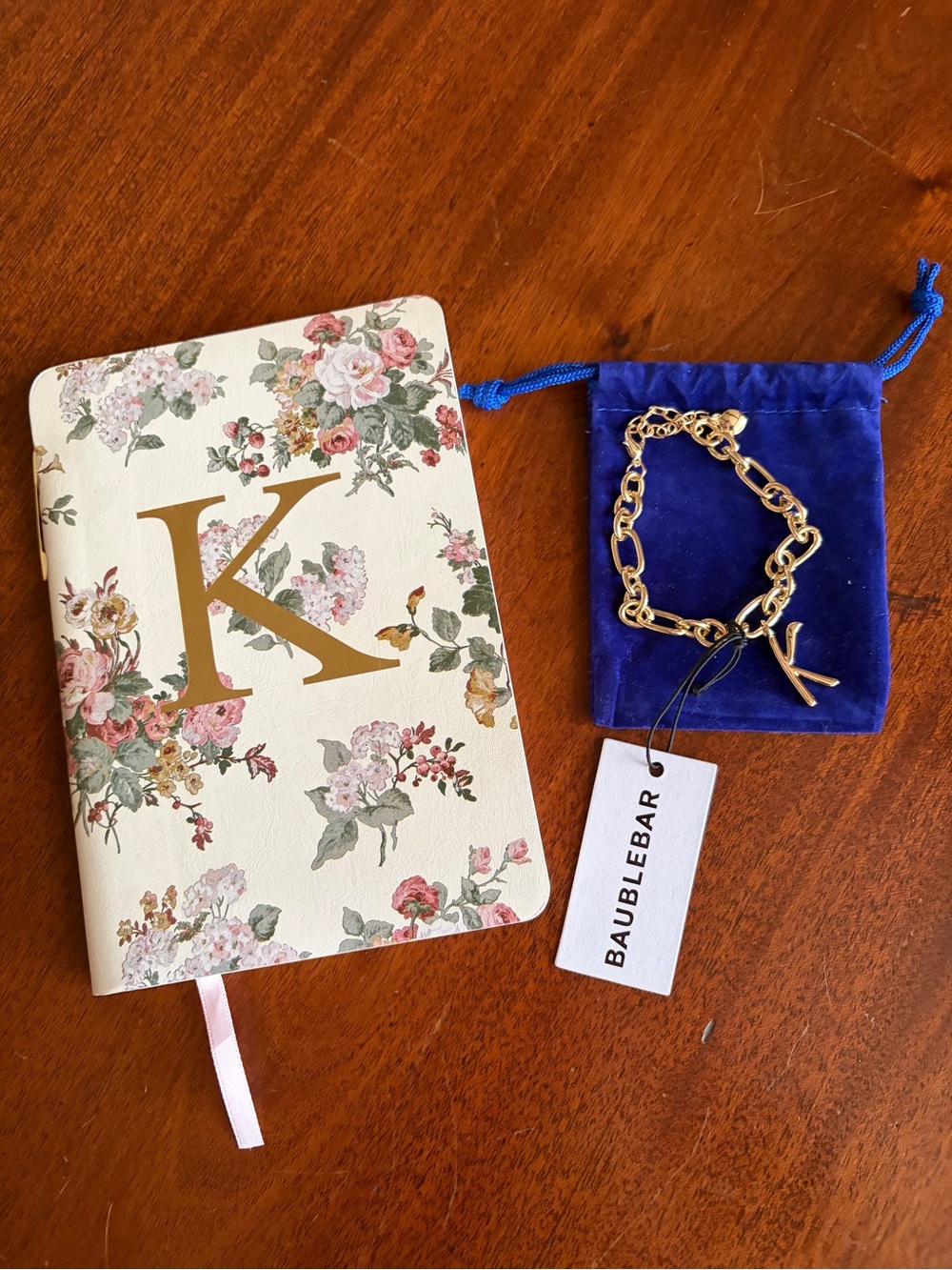 NWT BaubleBar Initial K bracelet with pouch and Initial K journal with pen